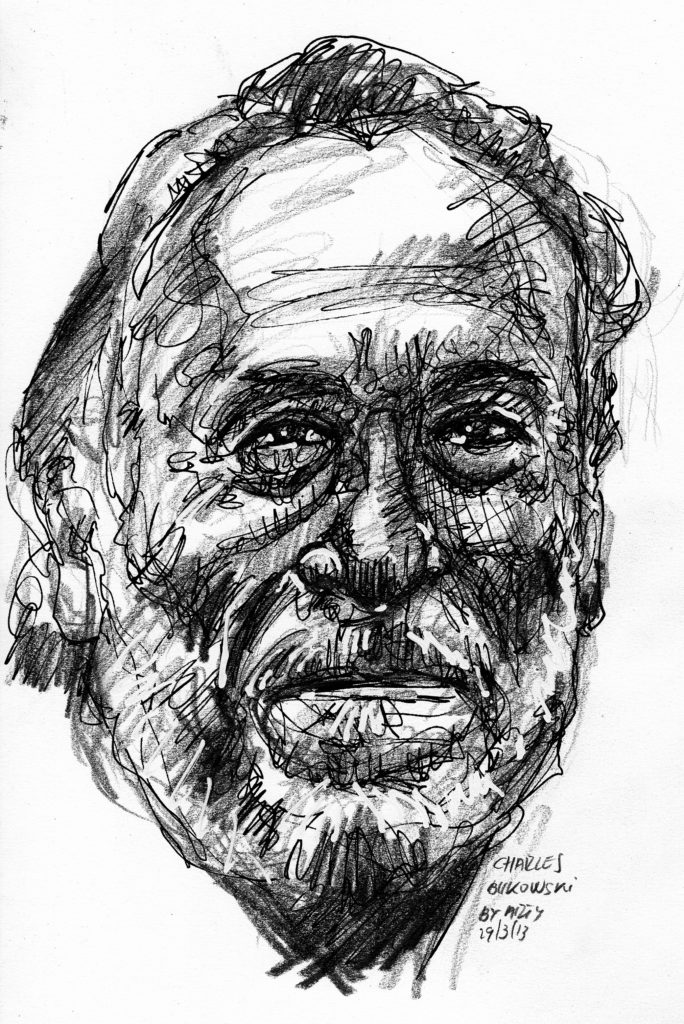 Pen and graphite black and white drawn image of Charles Bukowski's head; an older mostly bald man with a full white beard, and a mysterious but approving smile.